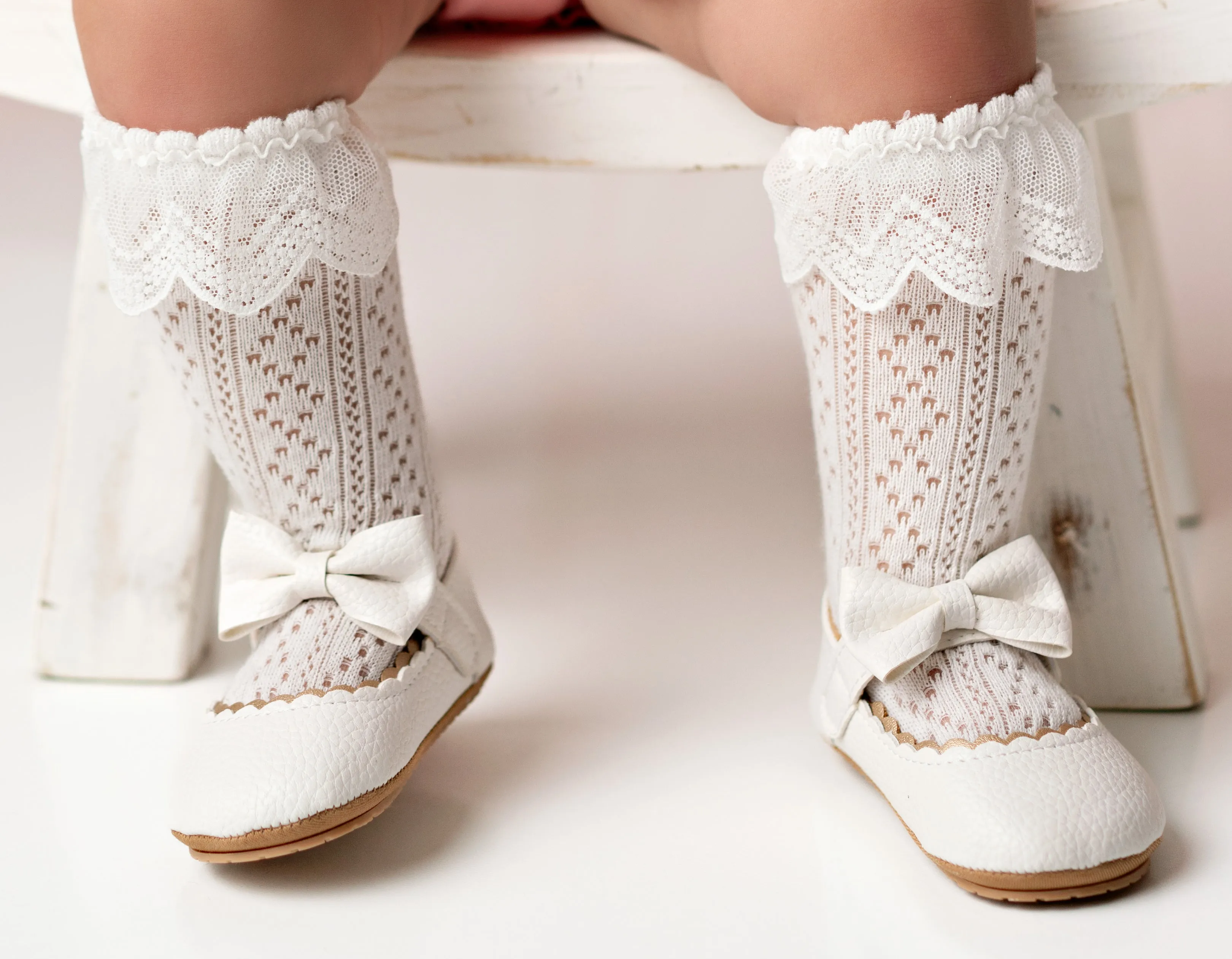 $7.50 EA - 0-12M X 4, 12-36M X 4 - Baby & Toddler Lace Looking Knee High Socks - White