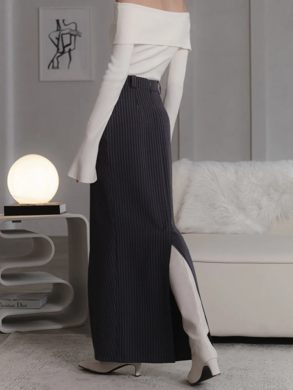 Asymmetric Slit Graceful Striped Long Skirt