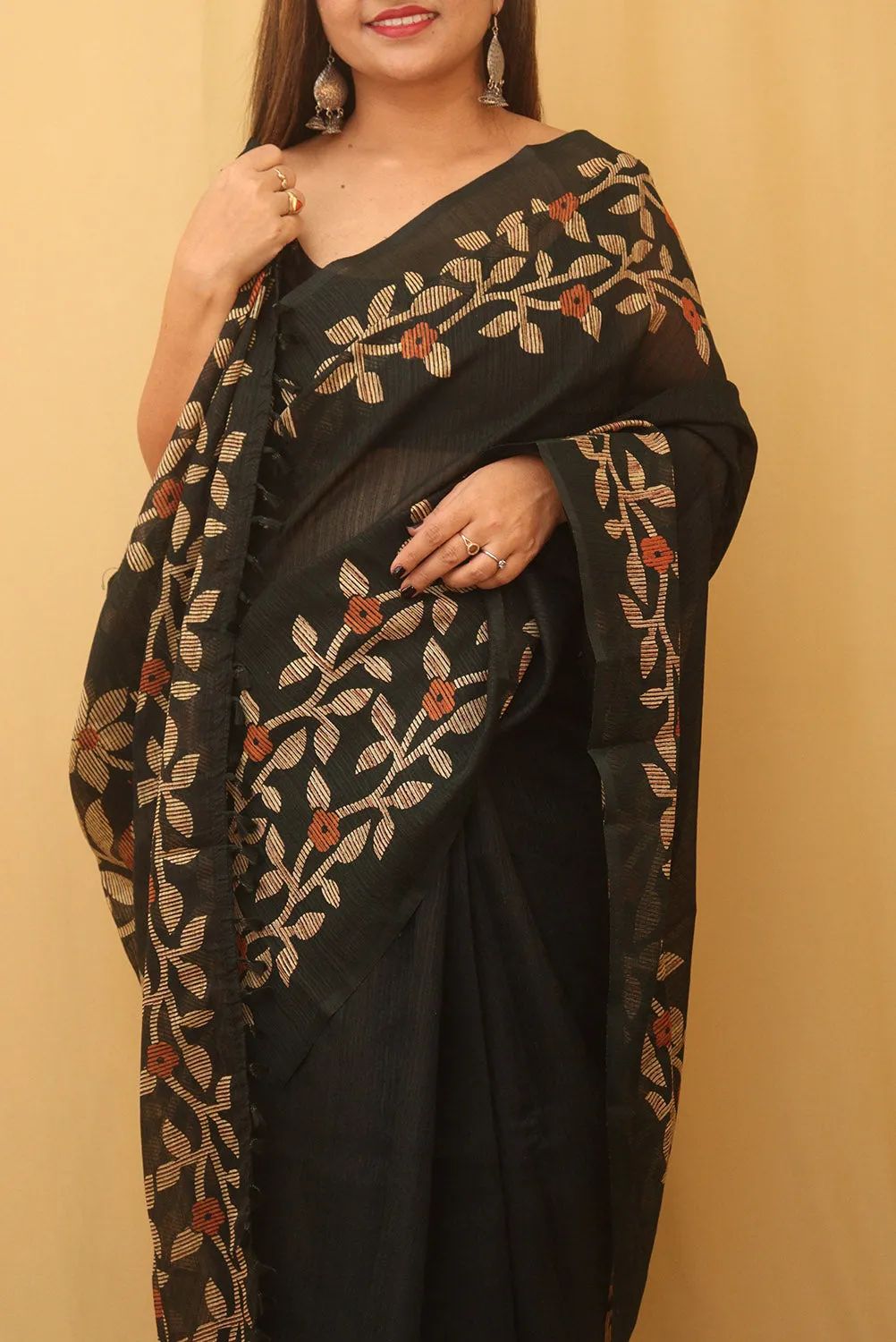 Black Jamdani Print Semi Tussar Silk Saree