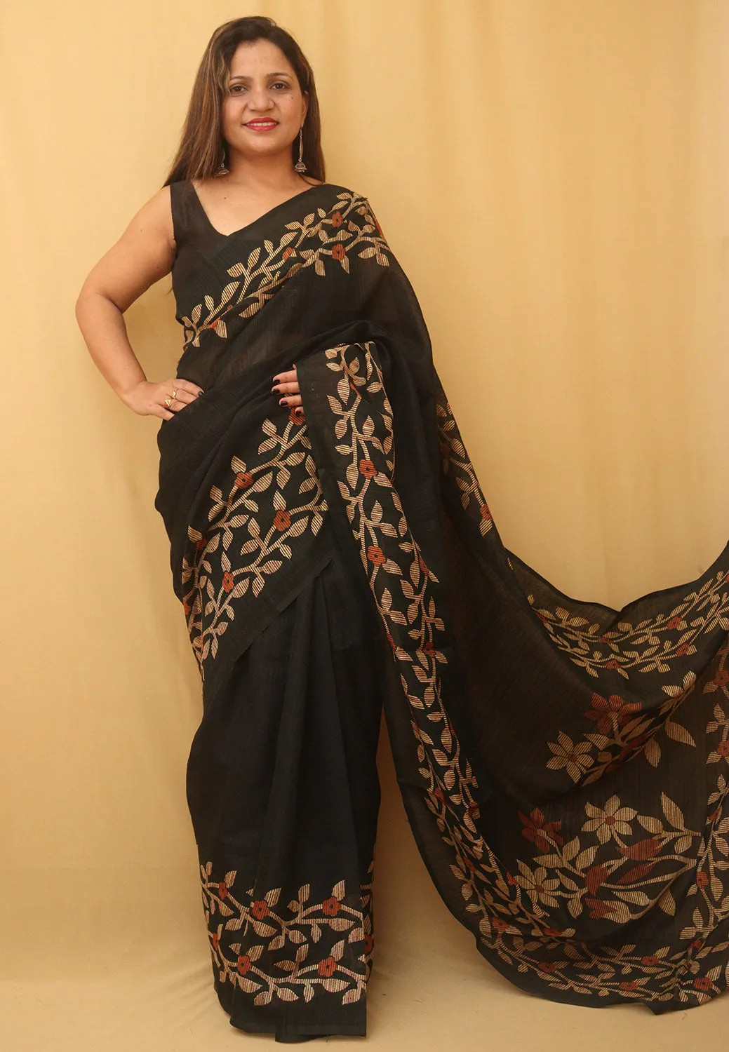 Black Jamdani Print Semi Tussar Silk Saree