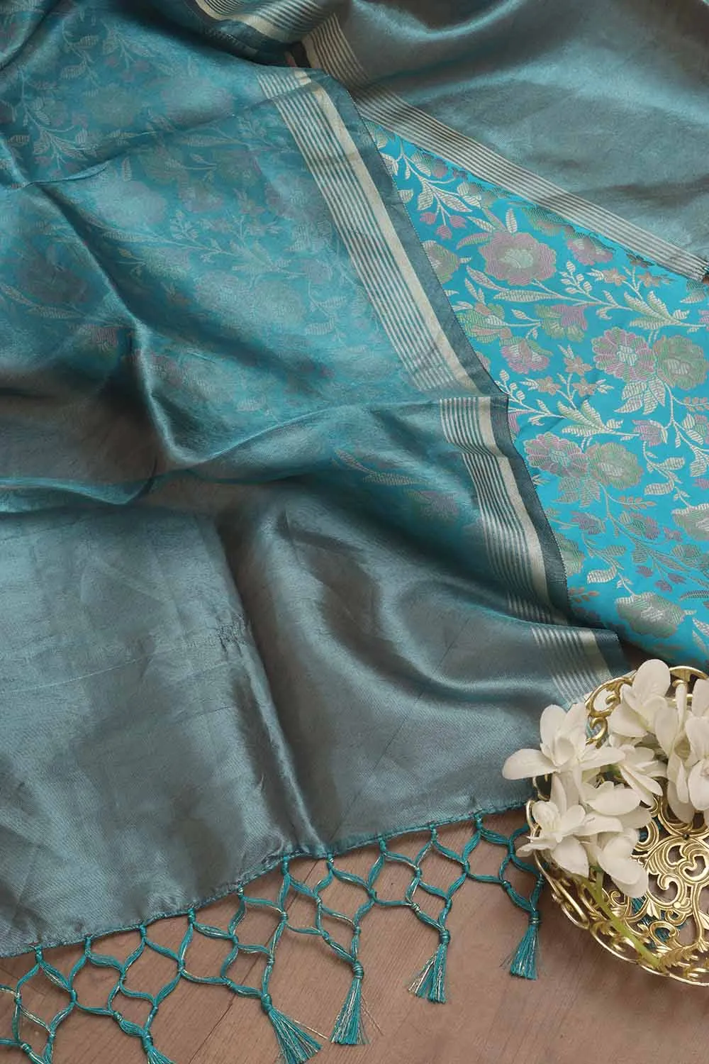 Blue Banarasi Silk Tanchui Jamawar Suit With Banarasi Plain Tissue Dupatta