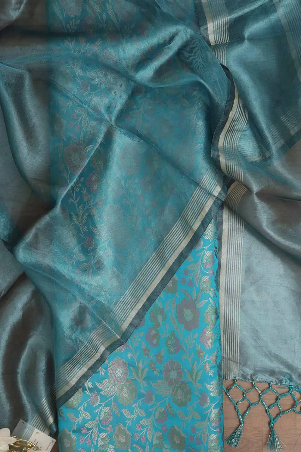 Blue Banarasi Silk Tanchui Jamawar Suit With Banarasi Plain Tissue Dupatta