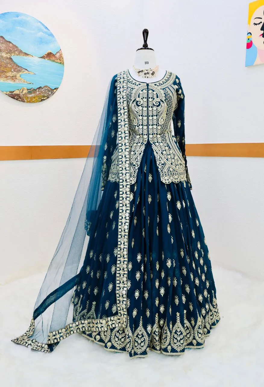 Blue Color Mesmerizing Fox Georgette Lehenga Set: Embroidered Elegance for Every Occasion