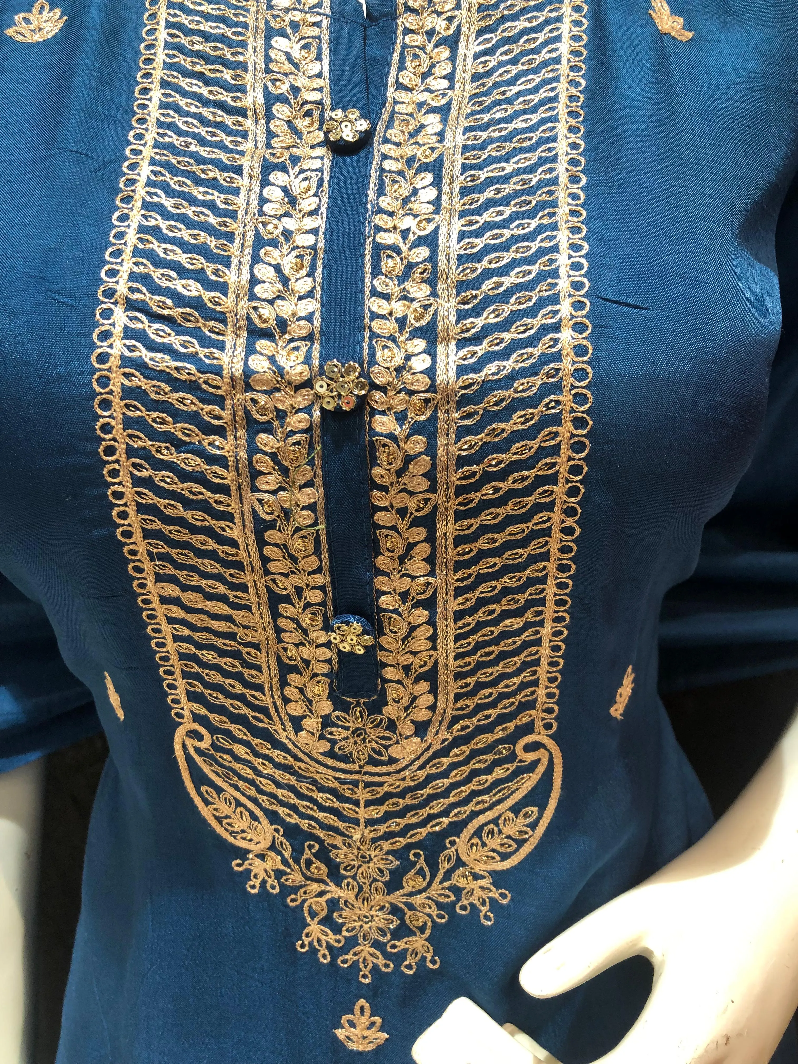 Blue Silk Semi-Stitch Suit With Golden Embroidery