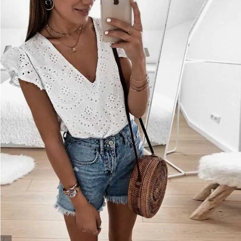 Boho Ruffle Puff Sleeve V Neck White Eyelet Blouse