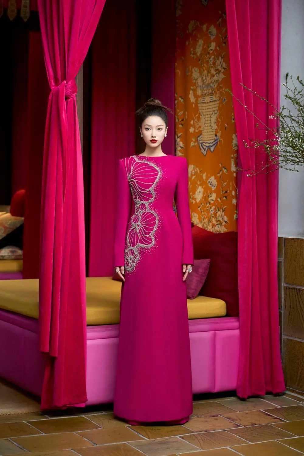 Brillz A-line Square Shoulder Velvet Satin Floor Length Ao Dai