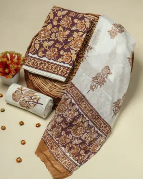 Brown Floral Jaal Print Cotton Suit Set with Chiffon Dupatta (PCHF135)