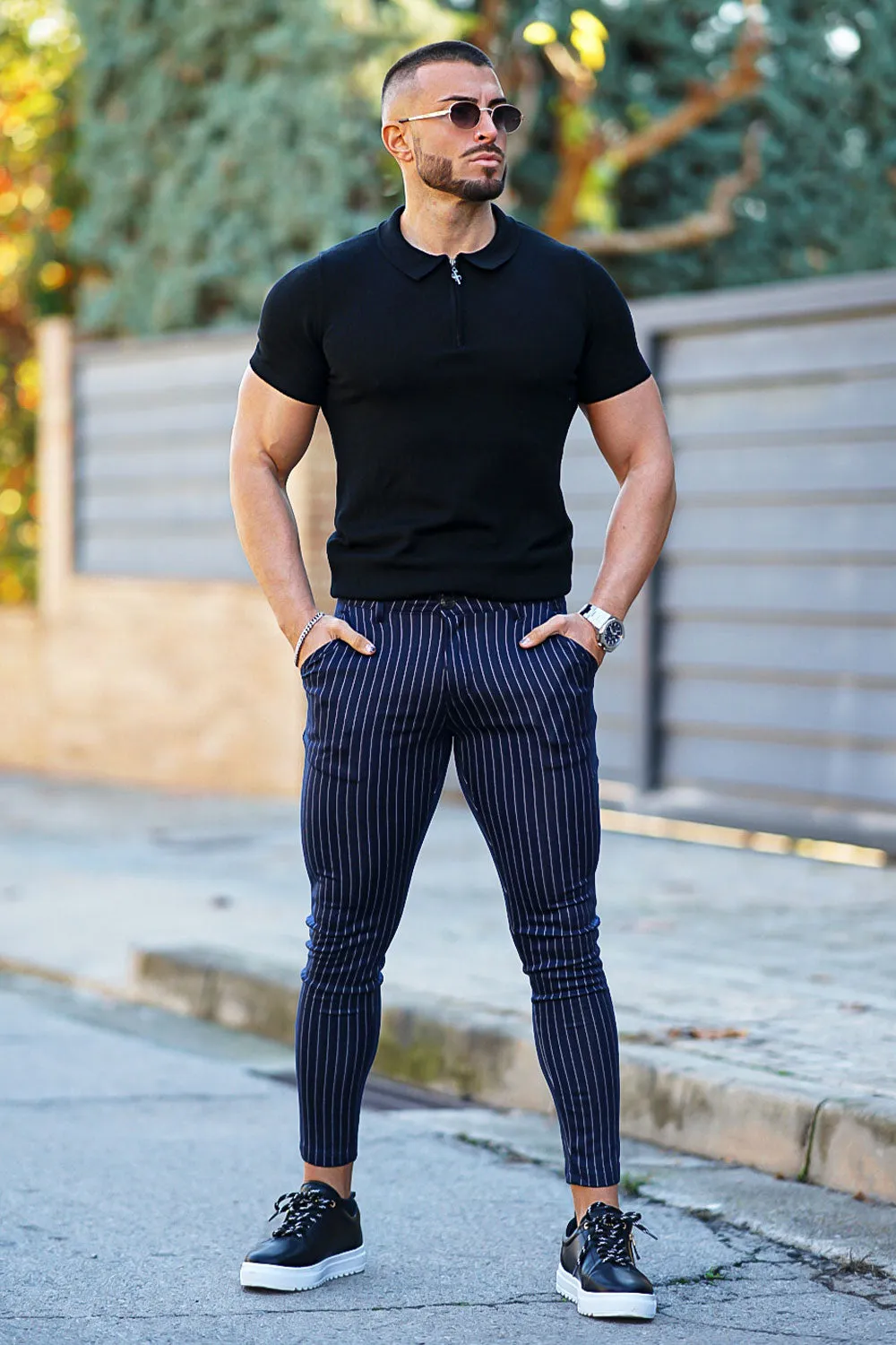 Buy $80 Free Shipping Men's Blue Striped Trousers