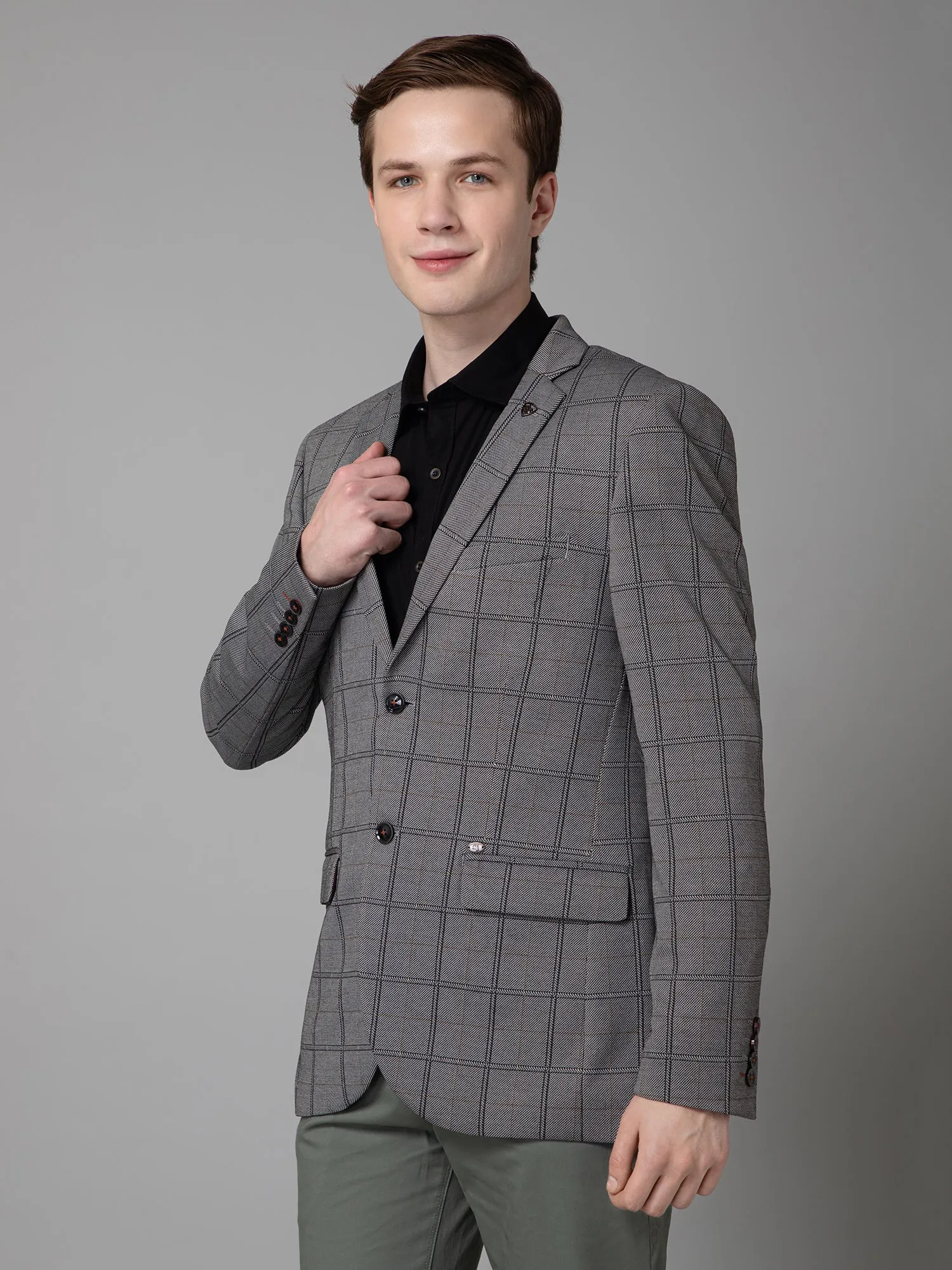 Cantabil Black Checkered Full Sleeves Casual Blazer For Men