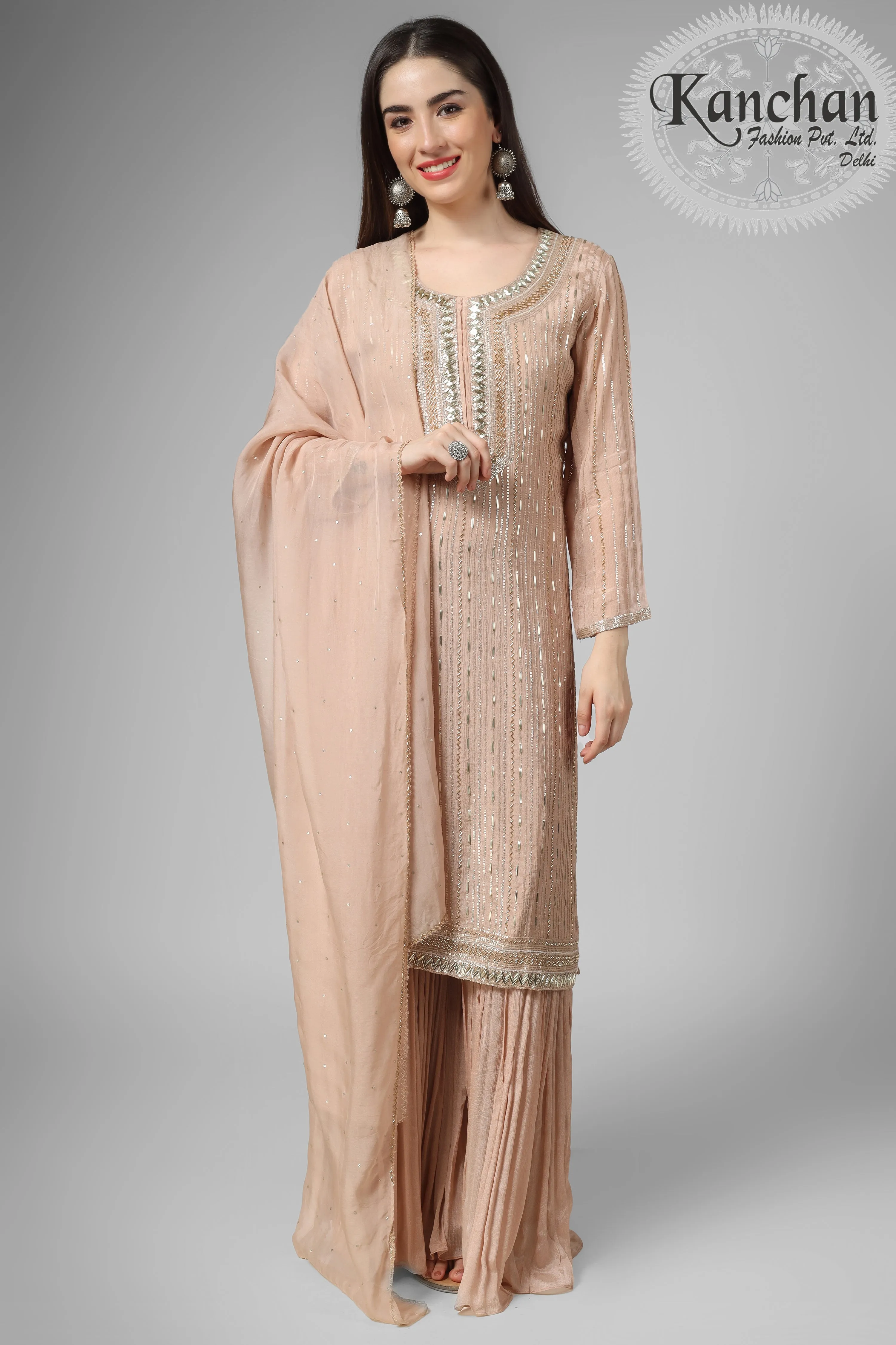 Chinon Suit with Sharara and Dupatta