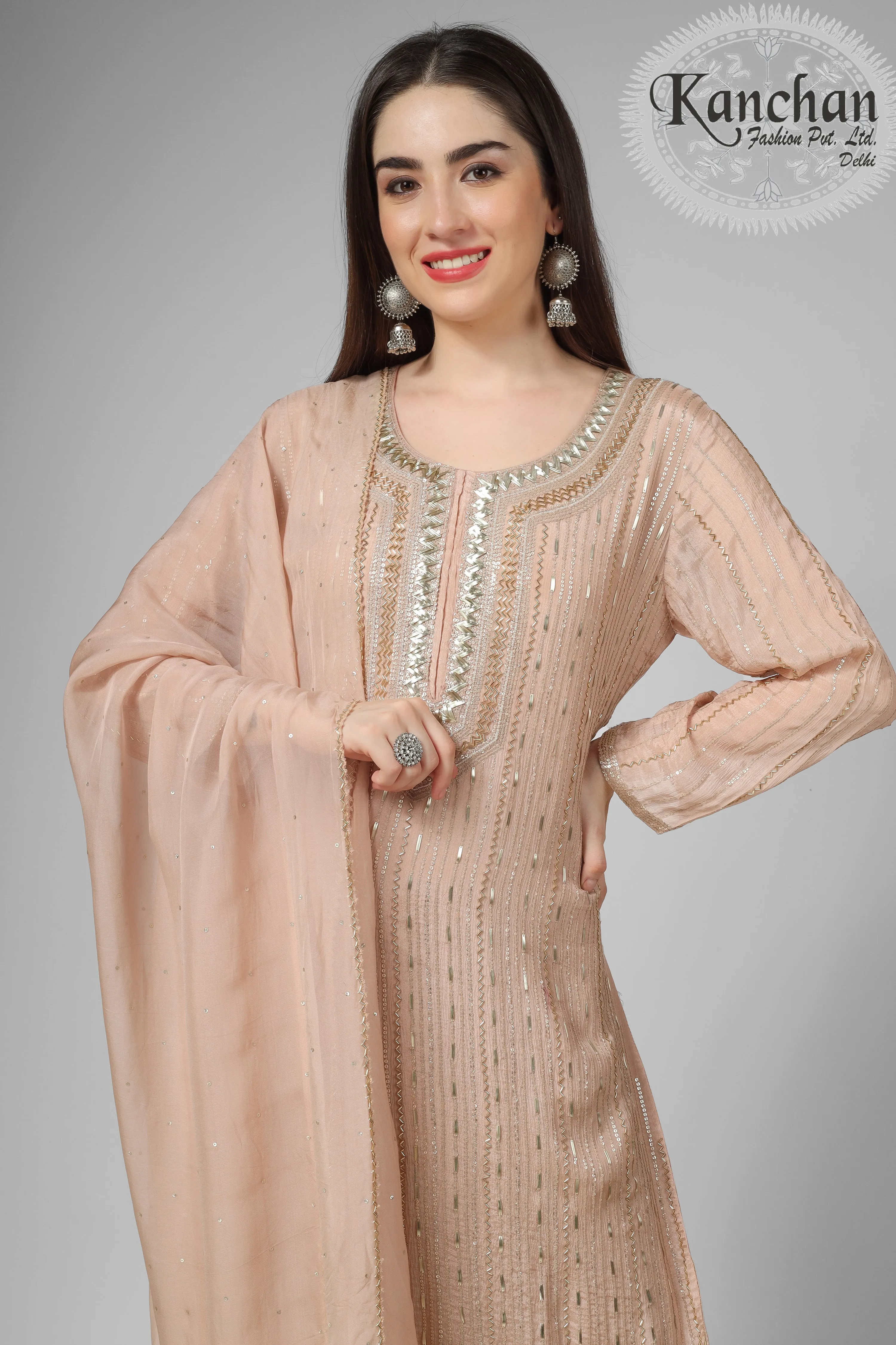 Chinon Suit with Sharara and Dupatta