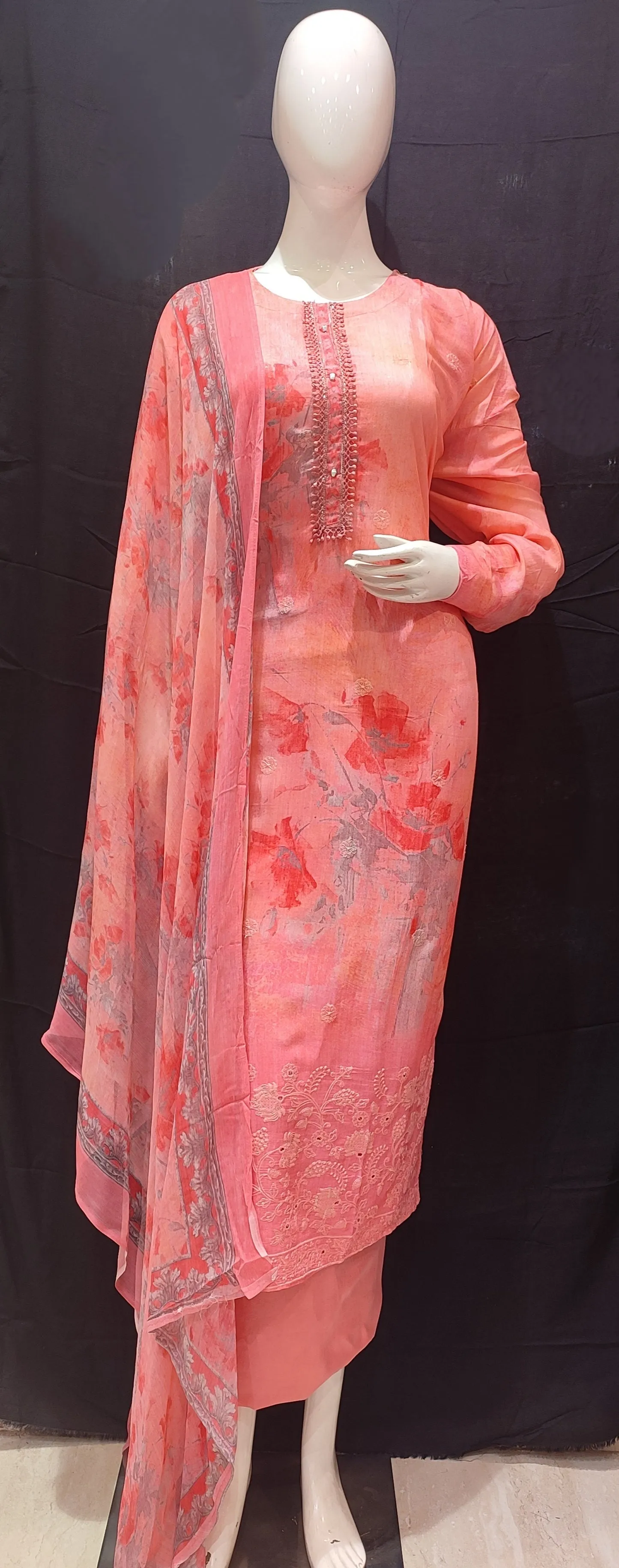 Coral Pink Muslin Semi-Stitch Suit With Chikenkari