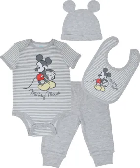 Disney Mickey Mouse Bodysuit Pants Bib and Hat 4 Piece Outfit Set