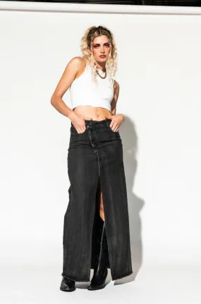 Don’t Kill My Vibe Criss Cross Denim Maxi Skirt in Black