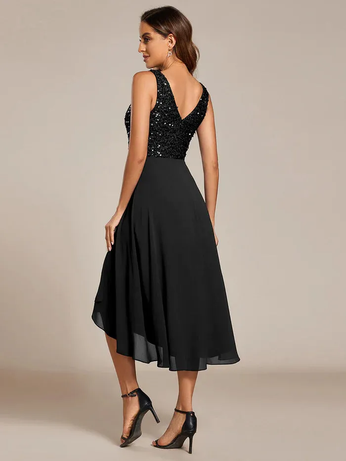 Elegant A-Line Empire Waist Midi Length Chiffon Sequin Dresses Sleeveless Evening Dress