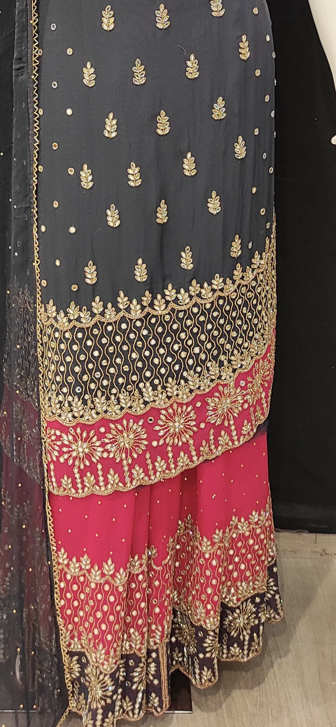 Georgette Unstitched Suit with Hand Work,Cutdana and Mirror Work with Stitched Sharara