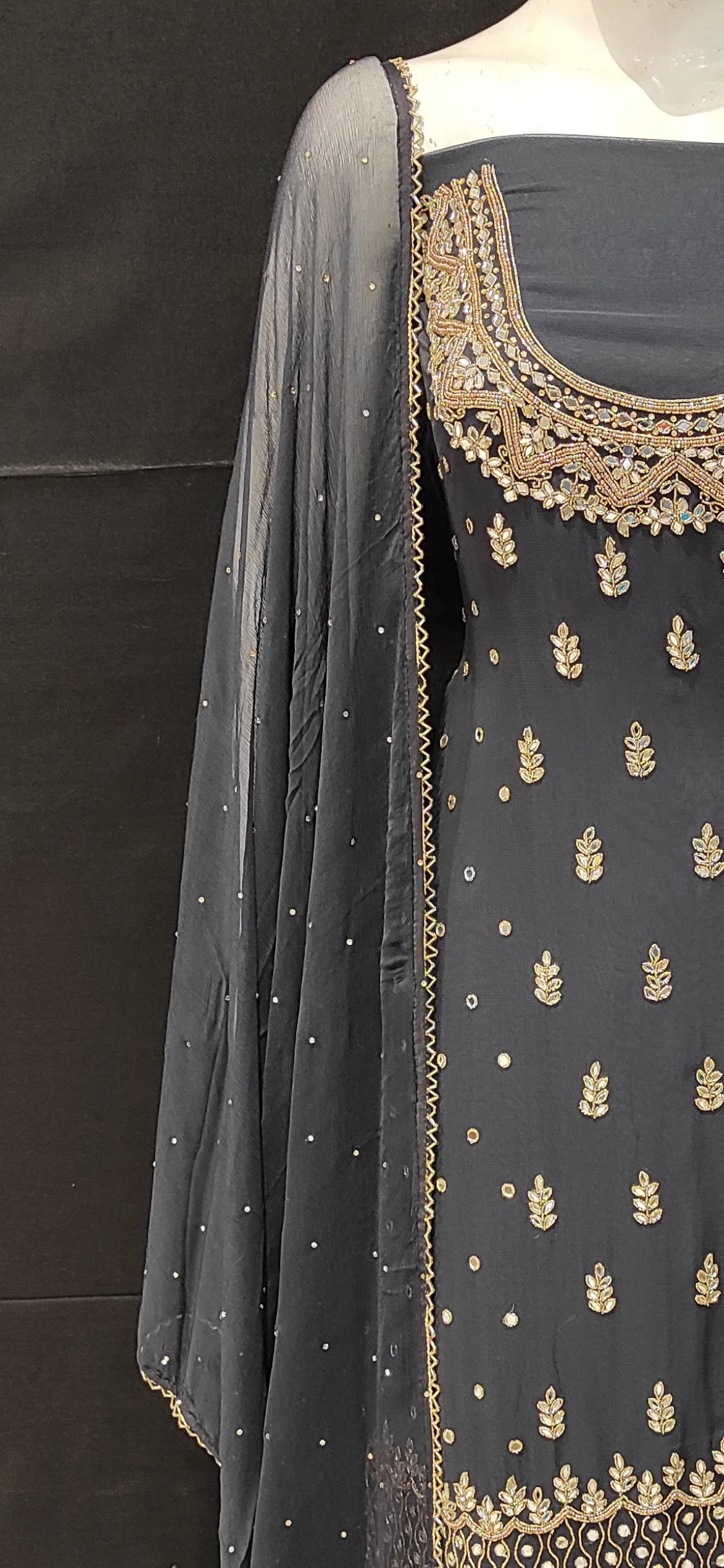 Georgette Unstitched Suit with Hand Work,Cutdana and Mirror Work with Stitched Sharara