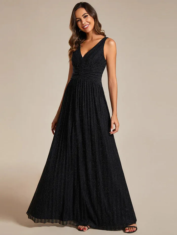 Glittery Pleated Empire Waist Sleeveless Formal Evening Dress