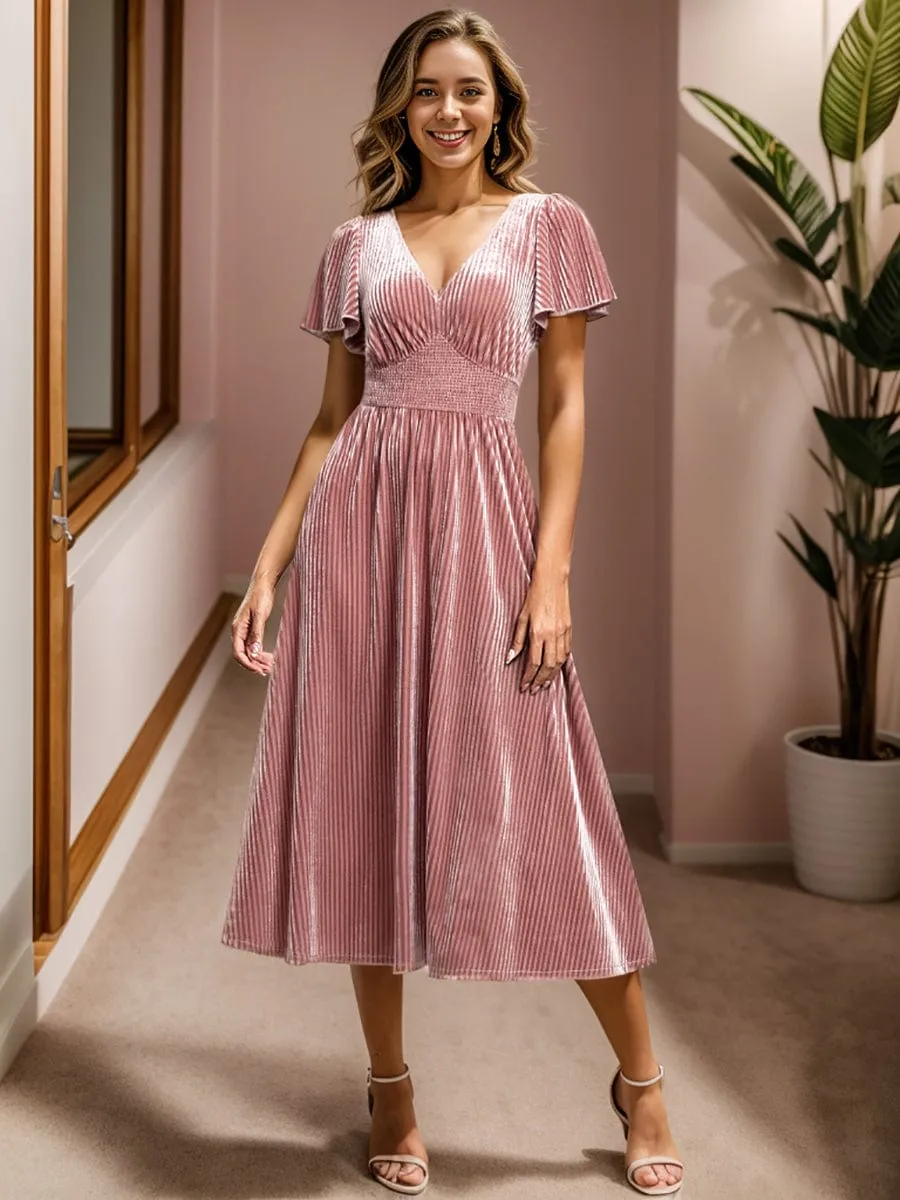 Graceful V-Neck Waist Design Short Sleeves Fall Velvet Midi Wedding Guest Dress