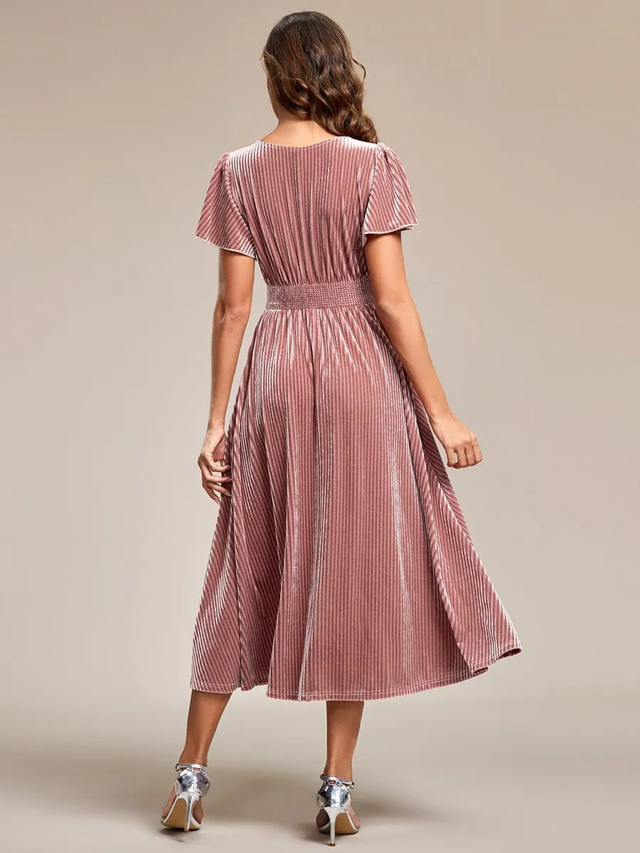 Graceful V-Neck Waist Design Short Sleeves Fall Velvet Midi Wedding Guest Dress