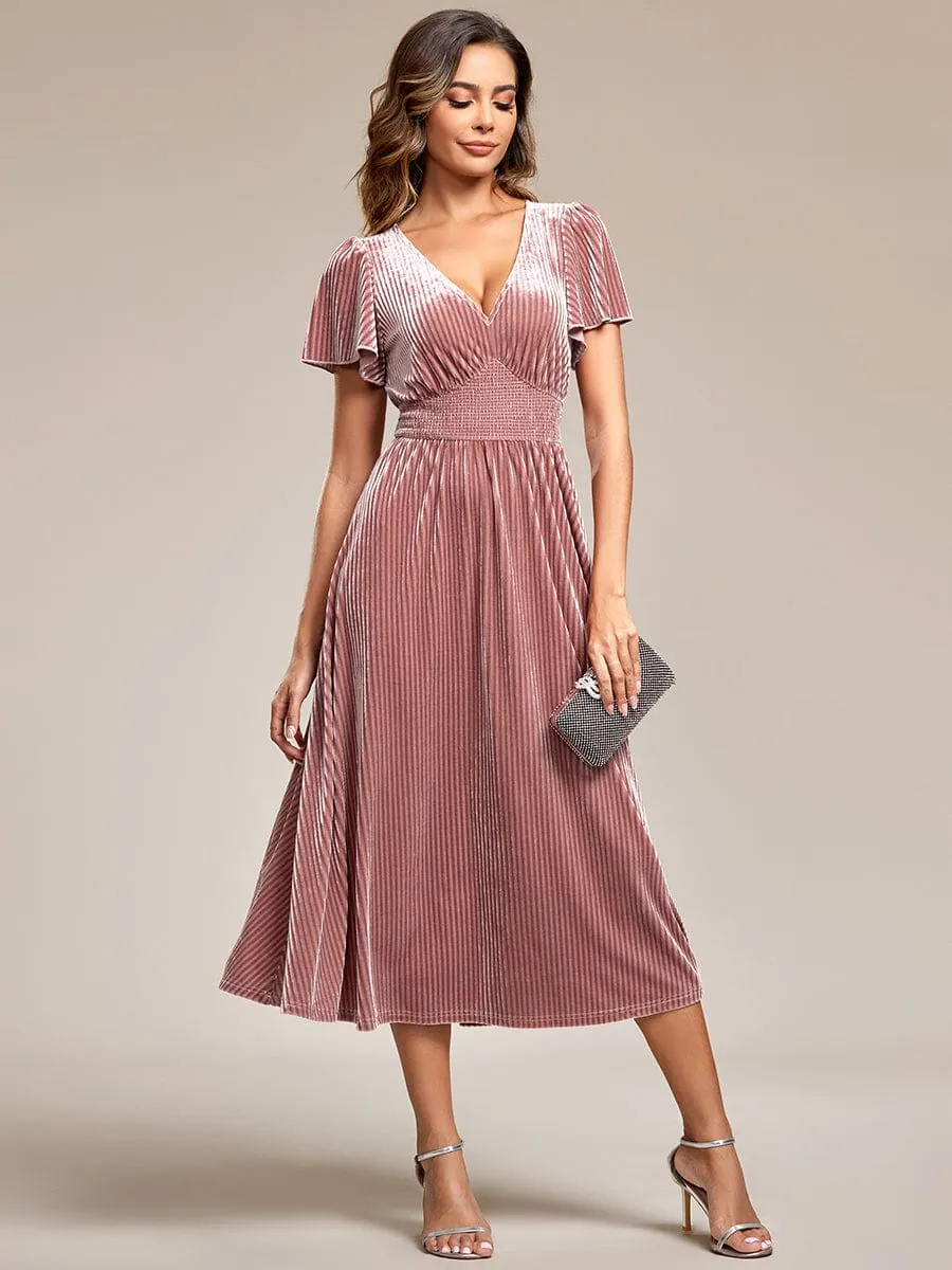 Graceful V-Neck Waist Design Short Sleeves Fall Velvet Midi Wedding Guest Dress