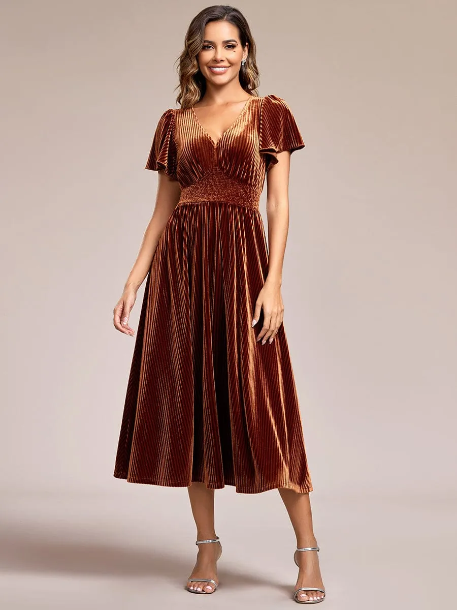 Graceful V-Neck Waist Design Short Sleeves Fall Velvet Midi Wedding Guest Dress