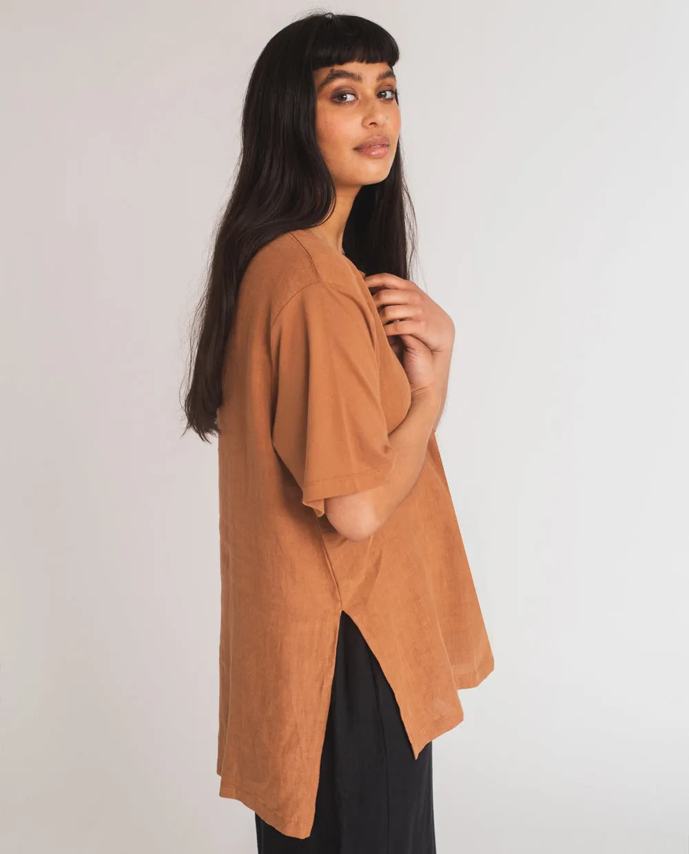 Hayley-May Organic Cotton & Linen Top In Tan