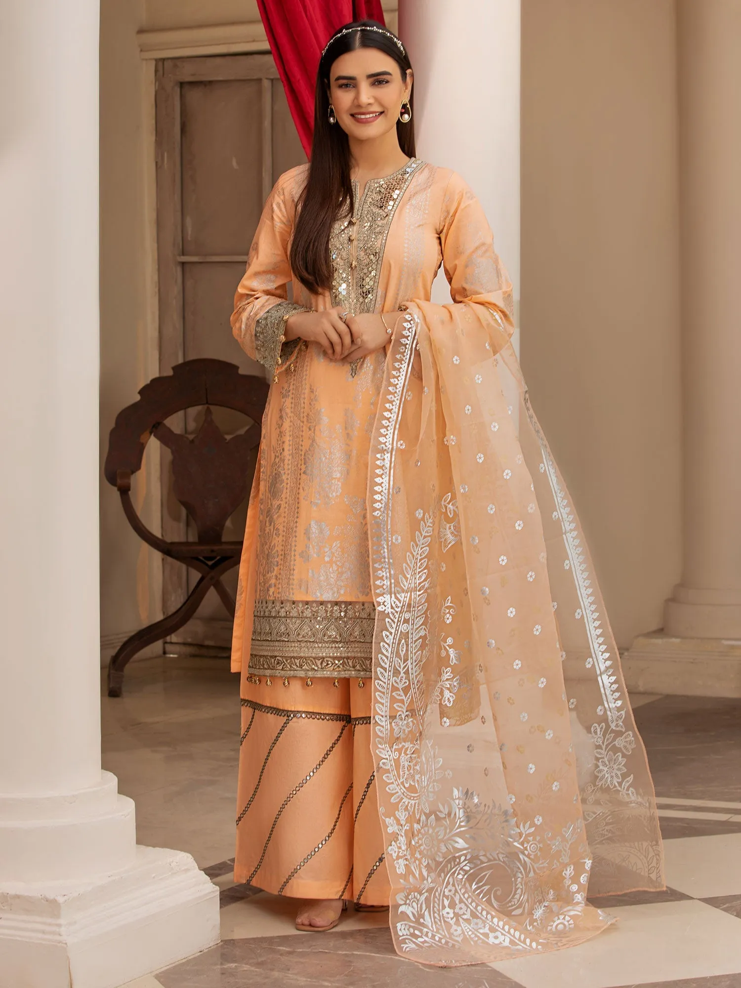 Heera's Peach Cambric 3-Piece Formal Suit