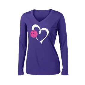 Love Pickleball Heart (Pink) | Women's Long Sleeve V-Neck Pickleball Shirts | 100% Polyester