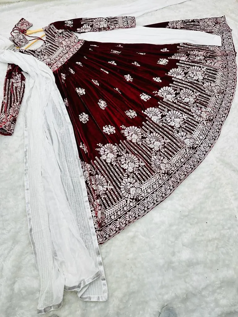 Maroon Anarkali Gown in Velvet with Sequence Work