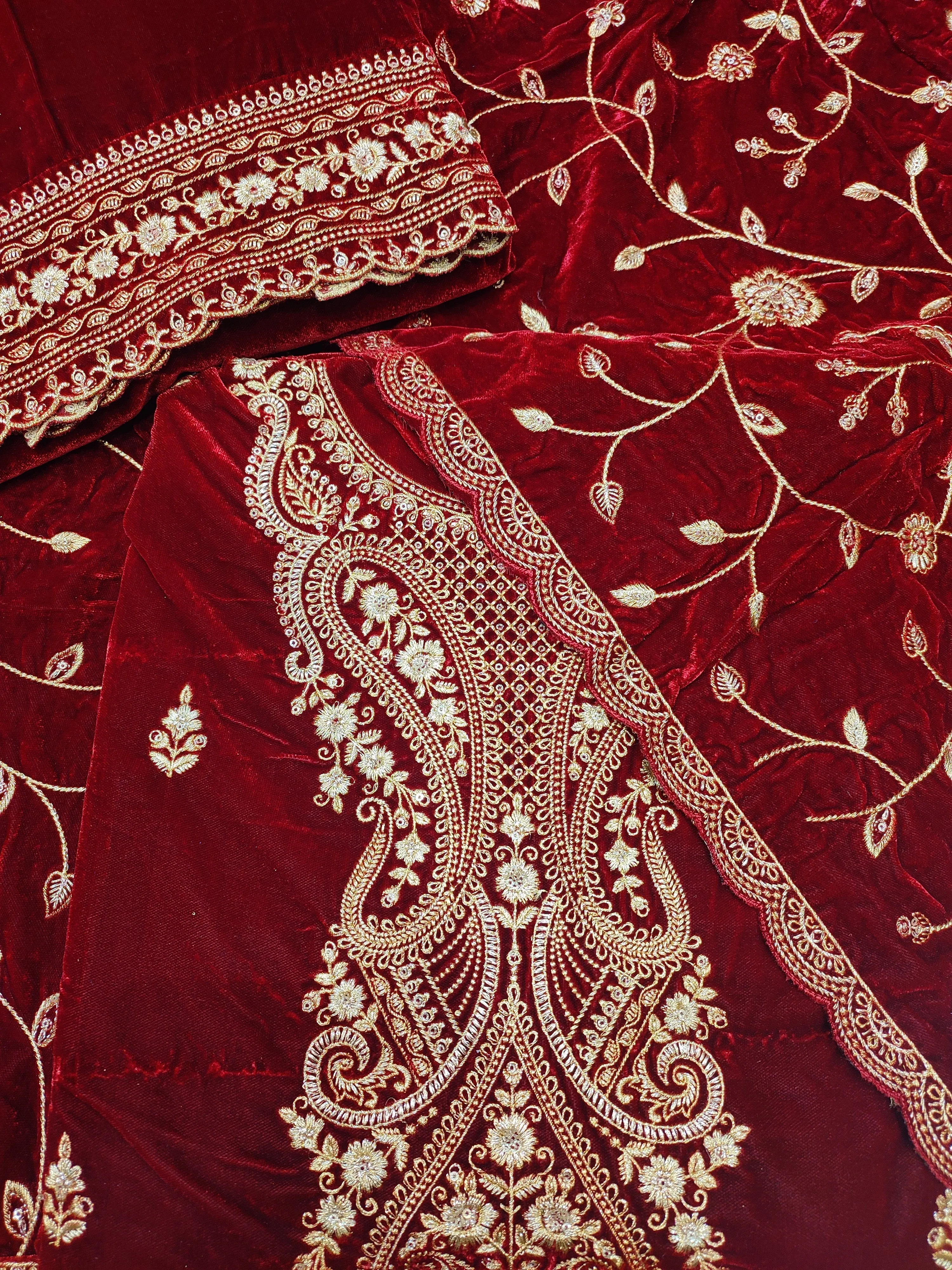 Maroon Velvet Unstitched Suit With Golden Embroidery