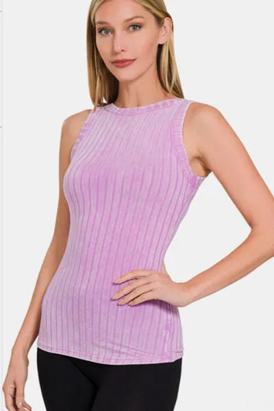 Mauve Ribbed Washed Round Neck Tank