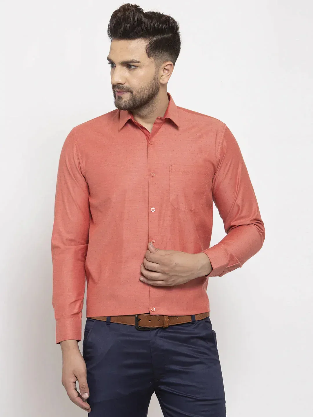 Men's Orange Cotton Polka Dots Formal Shirt's - Taantav