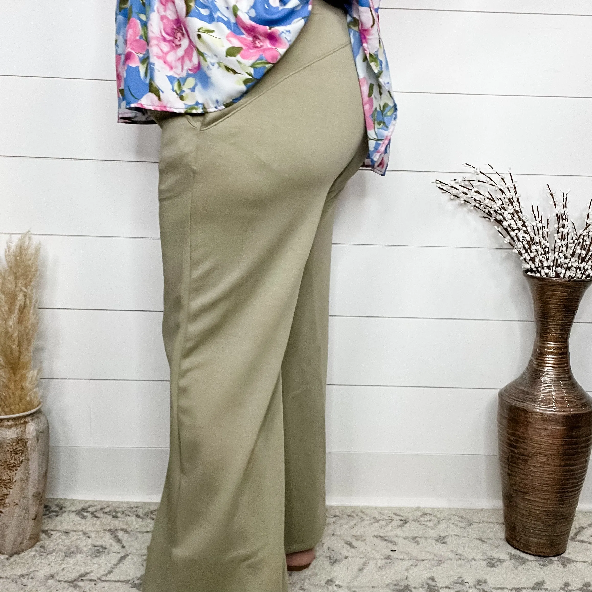 "In Flight" Wide Leg Open Bottom Casual Pants with Pockets (Sage)