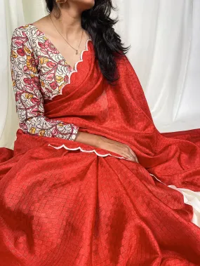 Red Color Vibrant Gadwal Chex Saree with Arca Work & Printed Linan Blouse