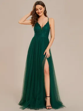 Sleeveless Embroidery Floor Length V Neck Evening Dress with Spaghetti Straps